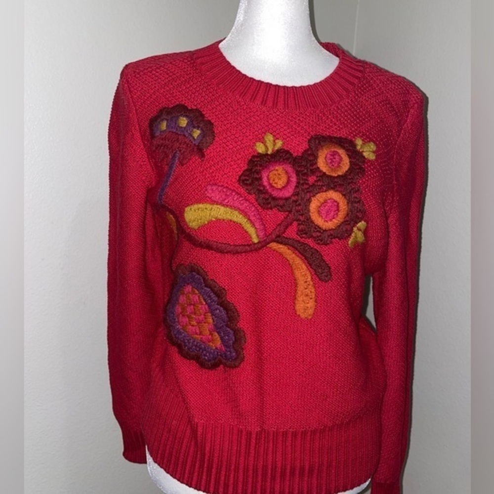 Michael Simon Size M Silk Blend Sweater Cardigan Floral Embroidered Red Boho